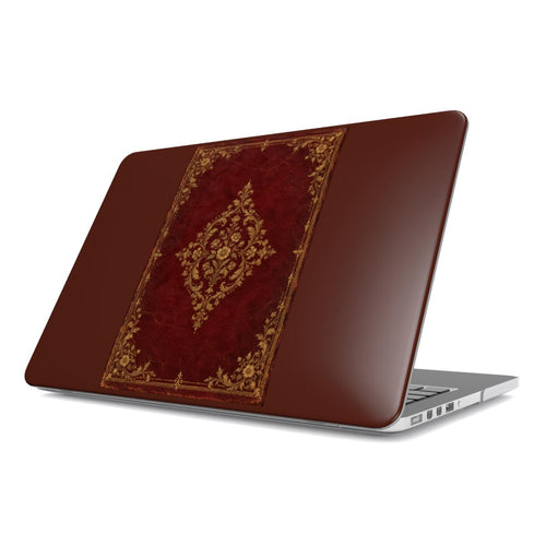 Oxblood Gilded Binding MacBook case — hard-shell laptop cover, angled lid view