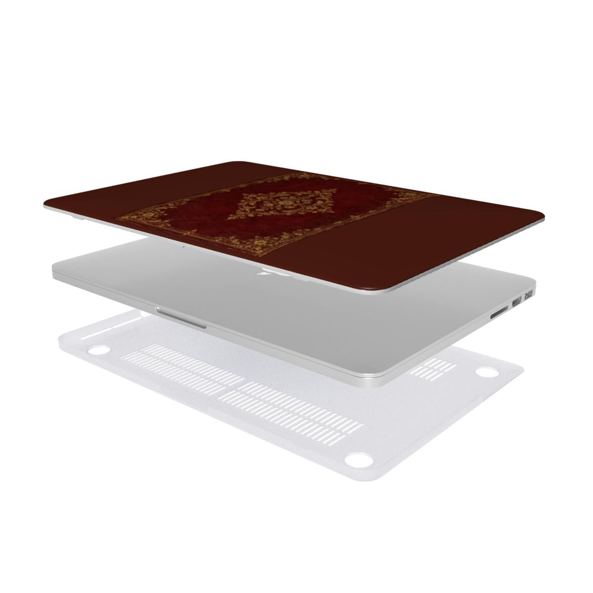 Oxblood Gilded Binding MacBook case — hard-shell laptop cover, two-piece shell view