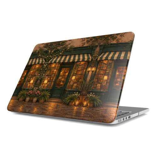 Bookshop at Dusk MacBook case — hard-shell laptop cover, angled lid view