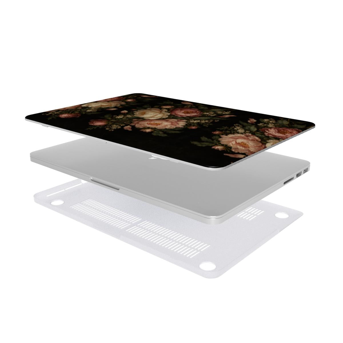 Blush Peony Nocturne MacBook case — hard-shell laptop cover, two-piece shell view