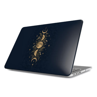Midnight Moon Phases MacBook case — hard-shell laptop cover, angled lid view