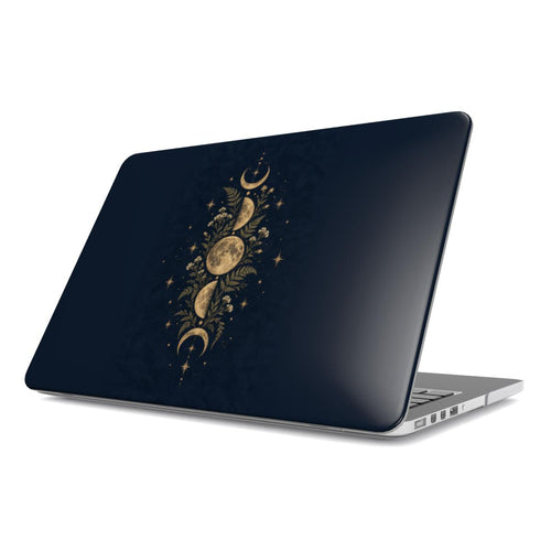 Midnight Moon Phases MacBook case — hard-shell laptop cover, angled lid view