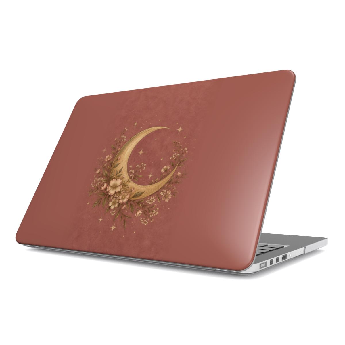 Dusty Rose Crescent Moon MacBook case — hard-shell laptop cover, angled lid view