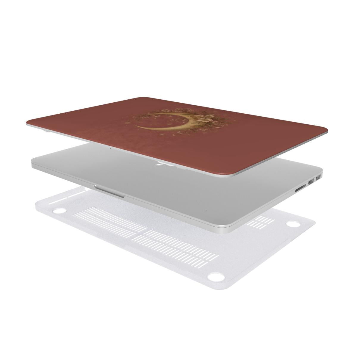 Dusty Rose Crescent Moon MacBook case — hard-shell laptop cover, two-piece shell view