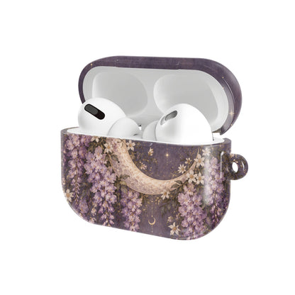 Lavender Moon Garden AirPods case — hard-shell earbuds cover, open angled view