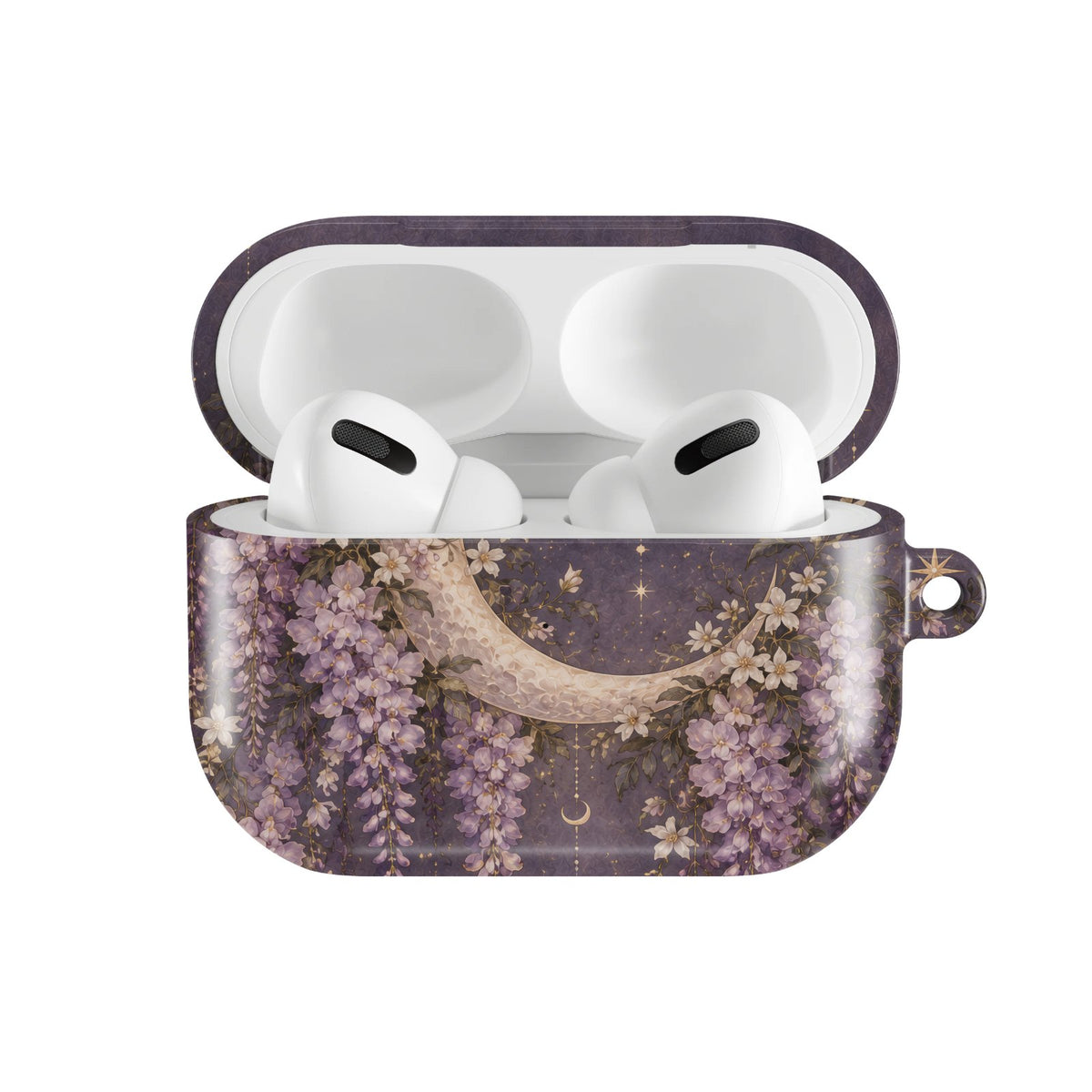 Lavender Moon Garden AirPods case — hard-shell earbuds cover, open front view