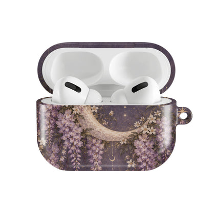 Lavender Moon Garden AirPods case — hard-shell earbuds cover, open front view