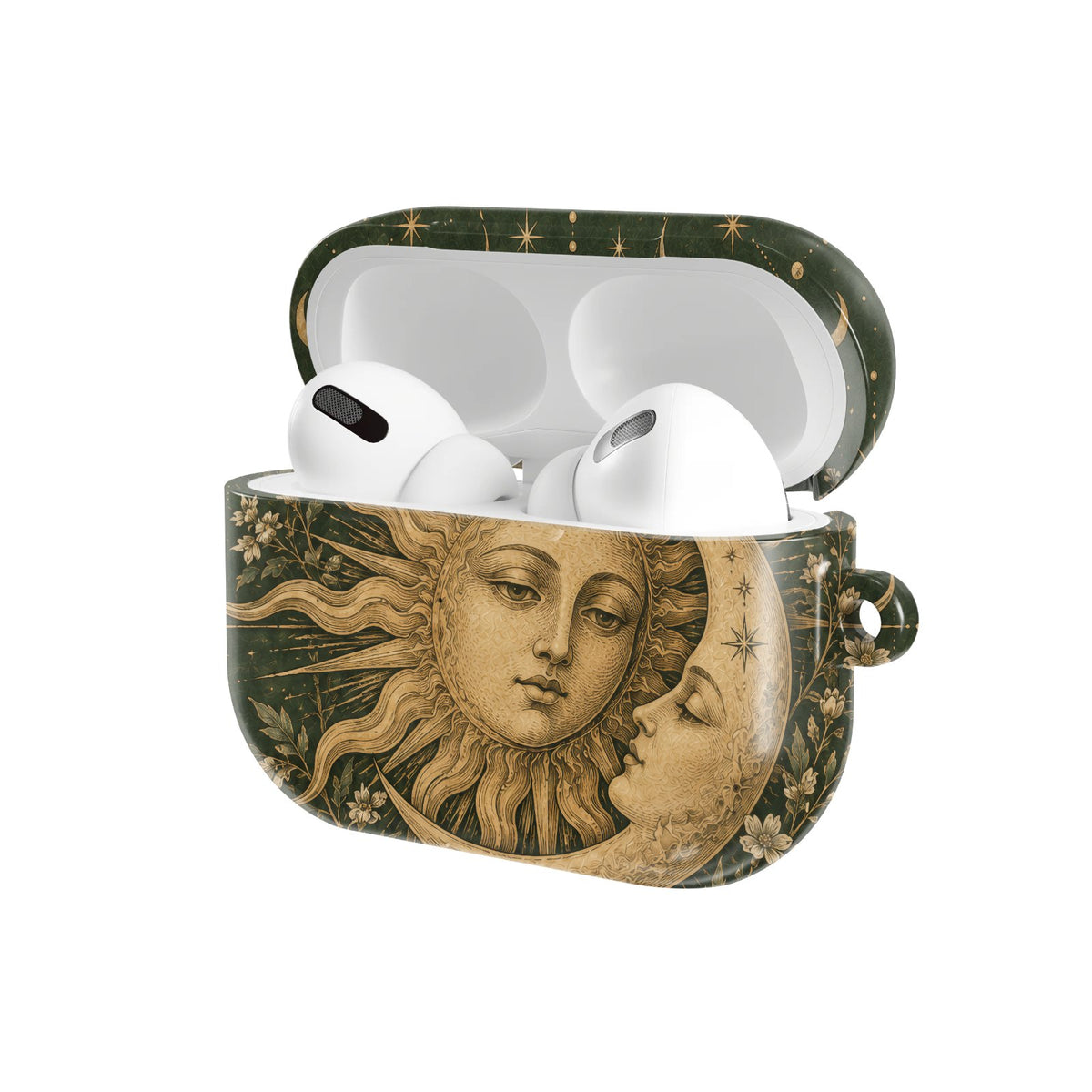 Sage Sun & Moon AirPods case — hard-shell earbuds cover, open angled view