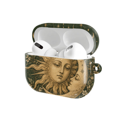 Sage Sun & Moon AirPods case — hard-shell earbuds cover, open angled view