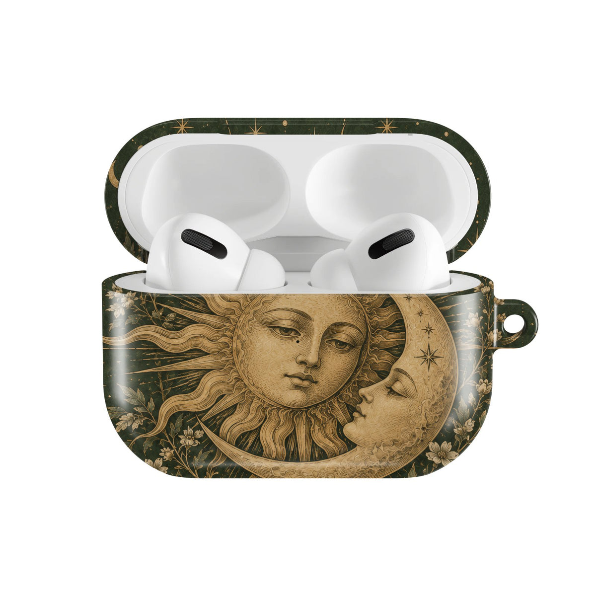 Sage Sun & Moon AirPods case — hard-shell earbuds cover, open front view