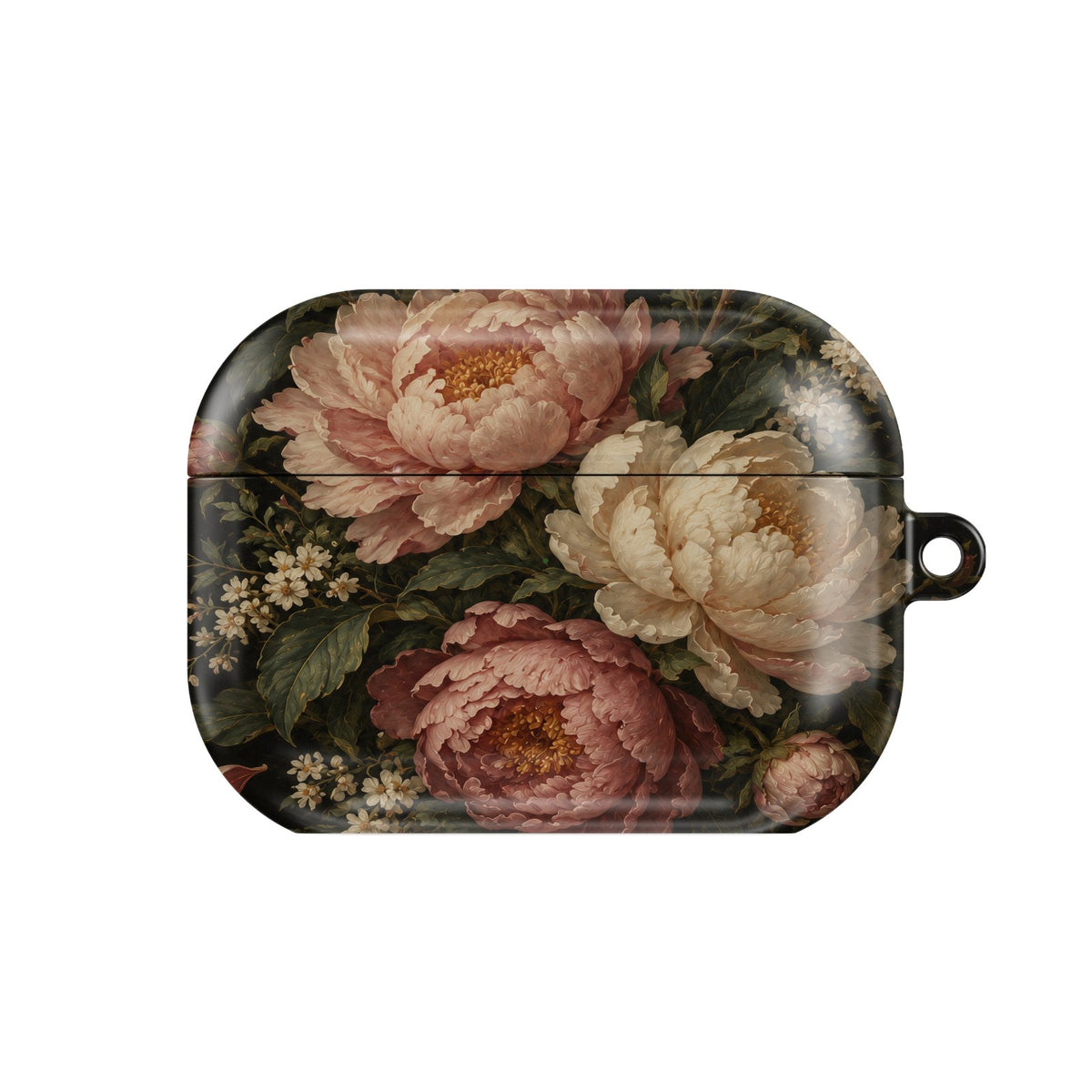 Blush Peony Nocturne AirPods case — hard-shell earbuds cover, closed front view