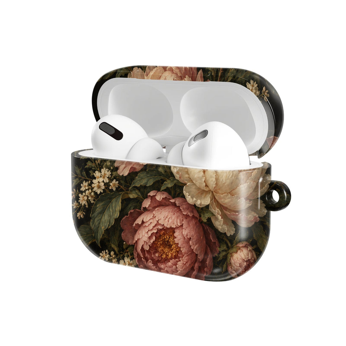 Blush Peony Nocturne AirPods case — hard-shell earbuds cover, open angled view