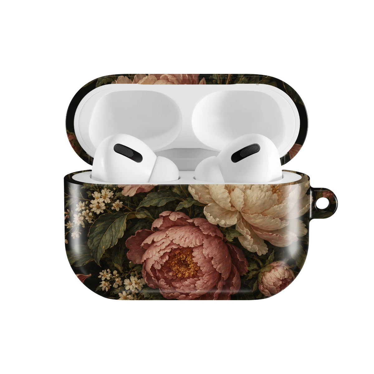 Blush Peony Nocturne AirPods case — hard-shell earbuds cover, open front view