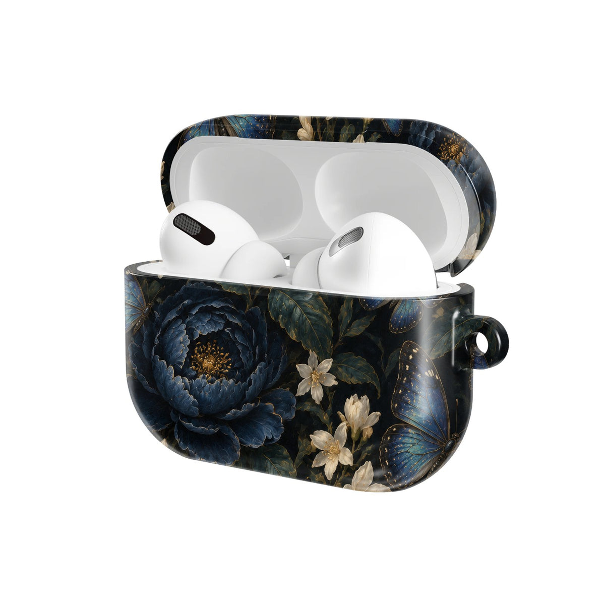 Blue Butterfly Night Garden AirPods case — hard-shell earbuds cover, open angled view