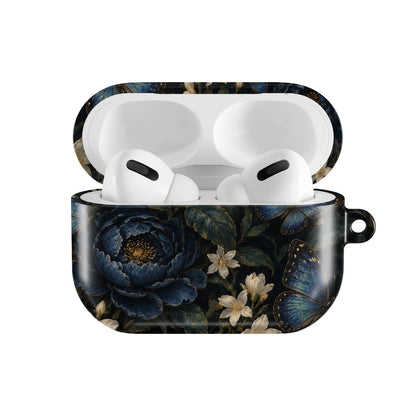 Blue Butterfly Night Garden AirPods case — hard-shell earbuds cover, open front view