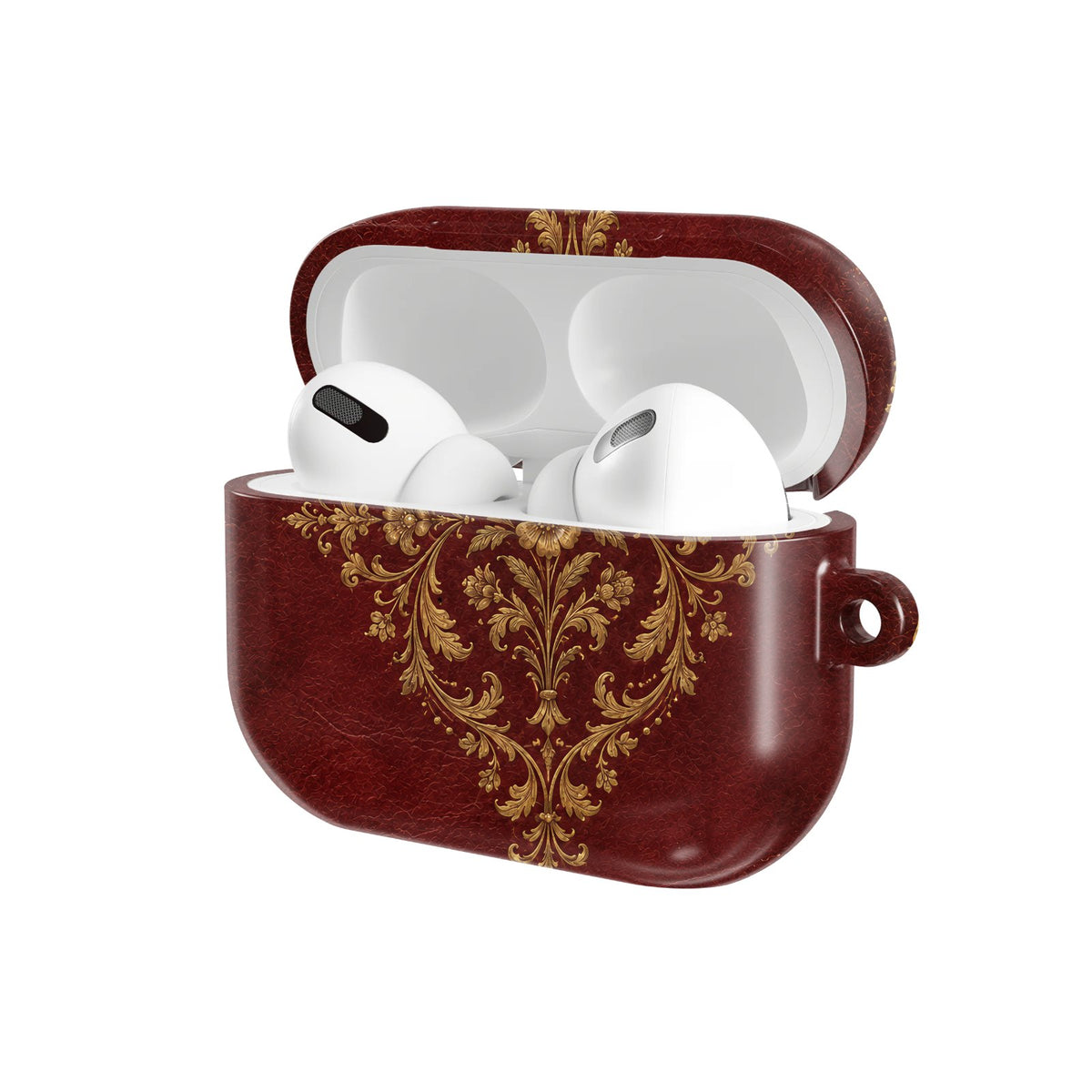 Oxblood Gilded Binding AirPods case — hard-shell earbuds cover, open angled view