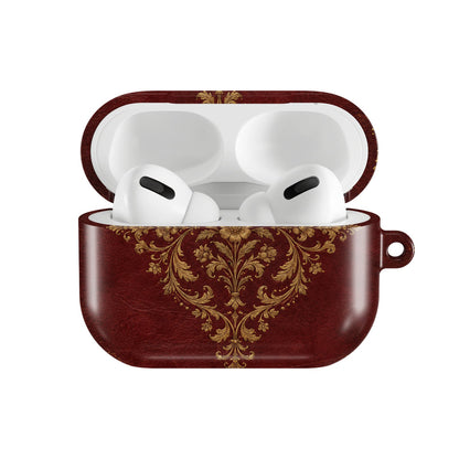 Oxblood Gilded Binding AirPods case — hard-shell earbuds cover, open front view