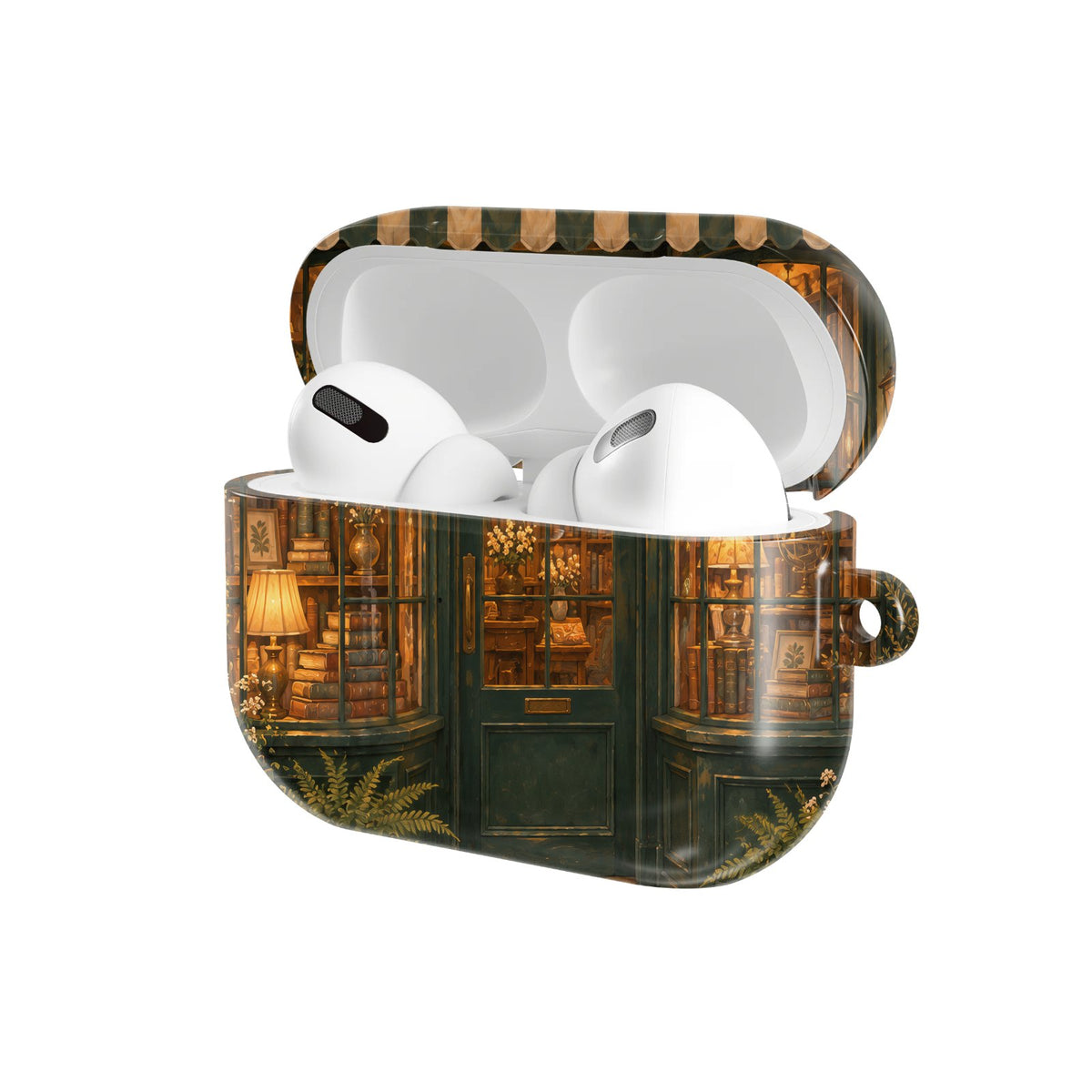 Bookshop at Dusk AirPods case — hard-shell earbuds cover, open angled view