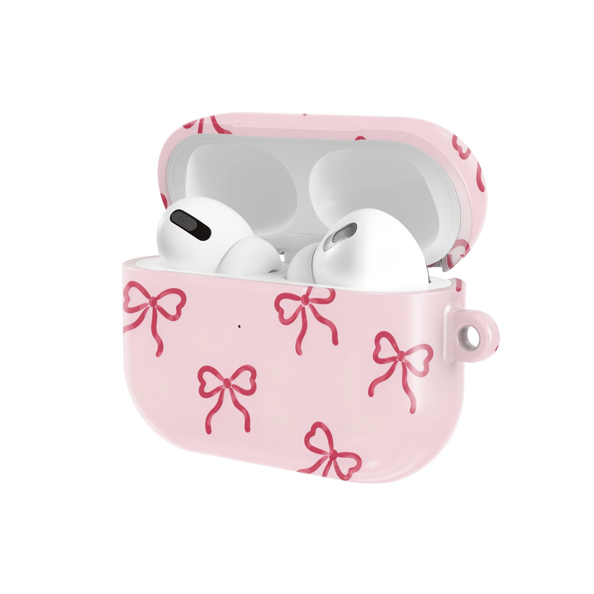 Red Bows AirPods case — hard-shell earbuds cover, open angled view