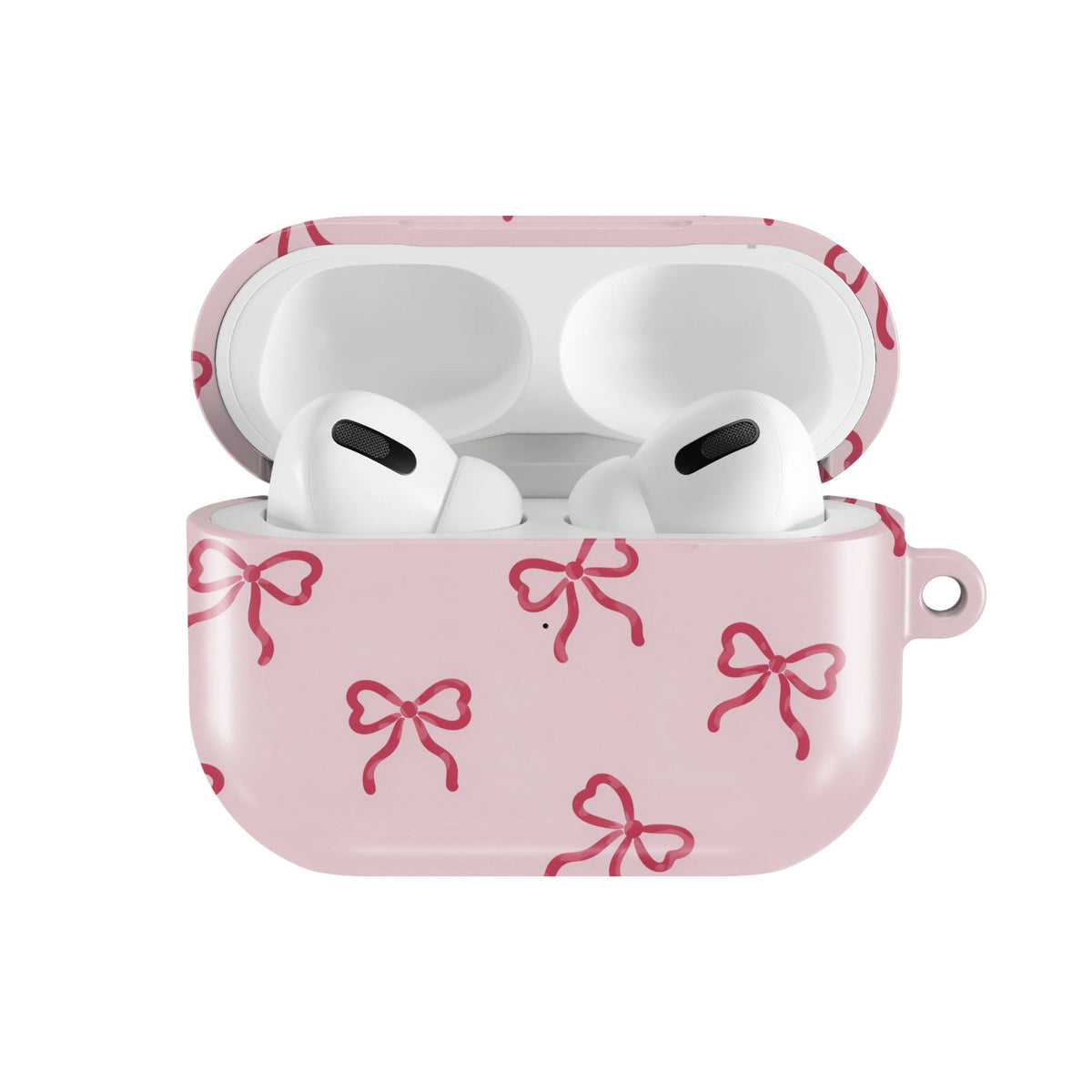 Red Bows AirPods case — hard-shell earbuds cover, open front view