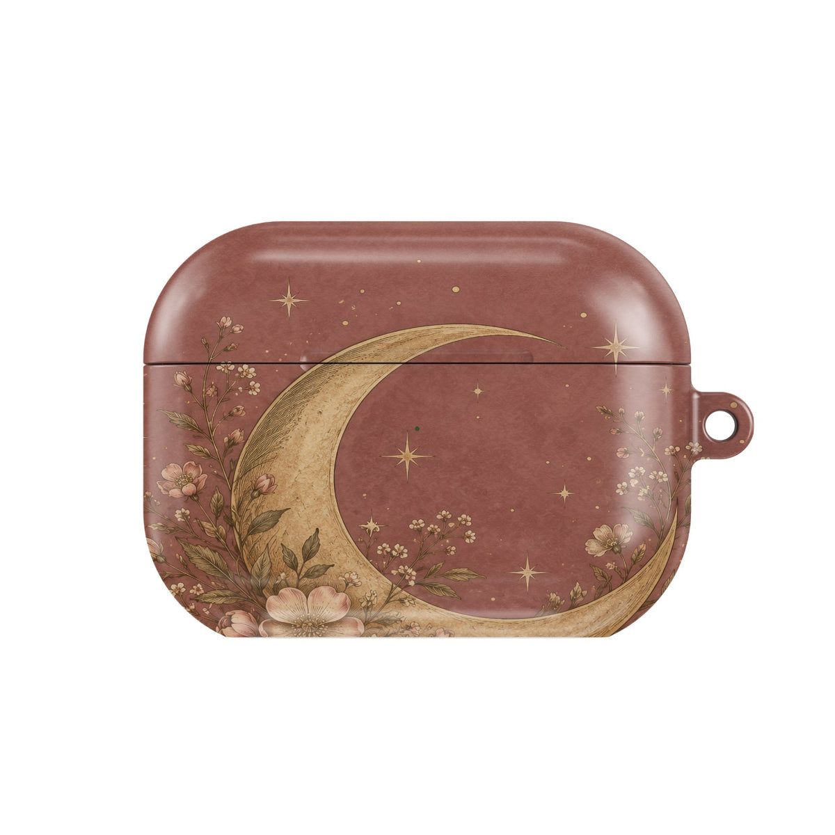Dusty Rose Crescent Moon AirPods case — hard-shell earbuds cover, closed front view
