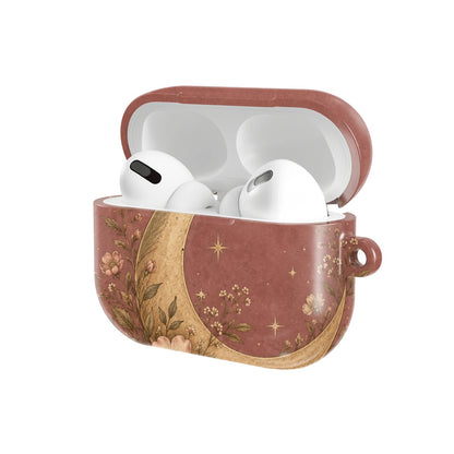 Dusty Rose Crescent Moon AirPods case — hard-shell earbuds cover, open angled view