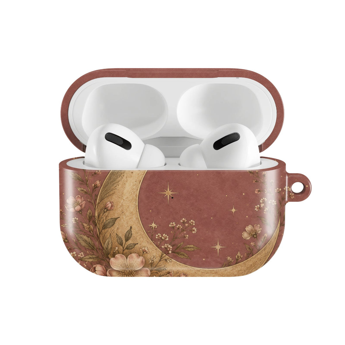 Dusty Rose Crescent Moon AirPods case — hard-shell earbuds cover, open front view
