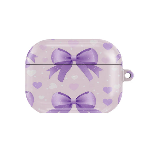 Lilac Bows & Hearts AirPods case — hard-shell earbuds cover, closed front view