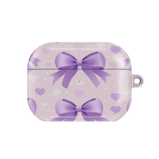 Lilac Bows & Hearts AirPods case — hard-shell earbuds cover, closed front view