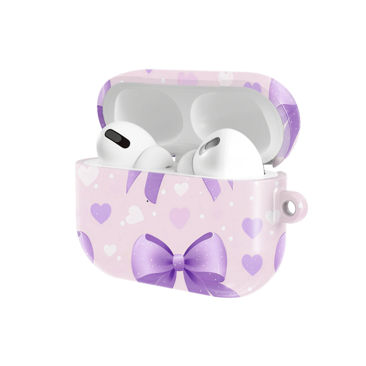 Lilac Bows & Hearts AirPods case — hard-shell earbuds cover, open angled view