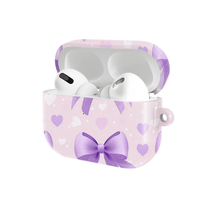 Lilac Bows & Hearts AirPods case — hard-shell earbuds cover, open angled view