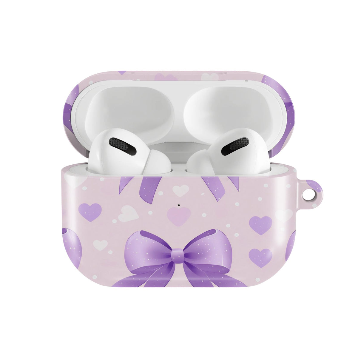 Lilac Bows & Hearts AirPods case — hard-shell earbuds cover, open front view