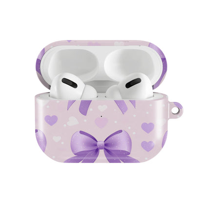 Lilac Bows & Hearts AirPods case — hard-shell earbuds cover, open front view