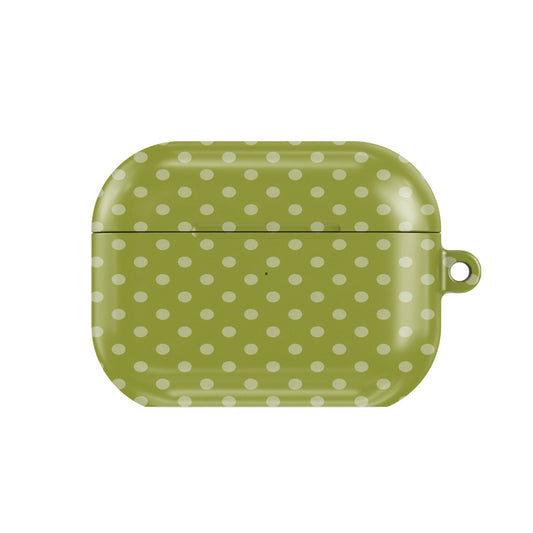 Olive Polka Dot AirPods case — hard-shell earbuds cover, closed front view