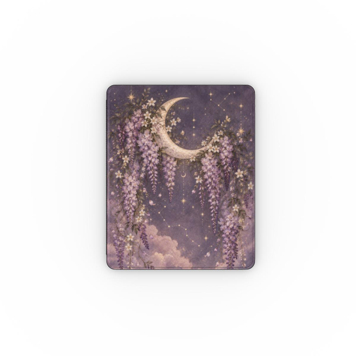 Lavender Moon Garden iPad case — crescent moon and cascading wisteria on lavender