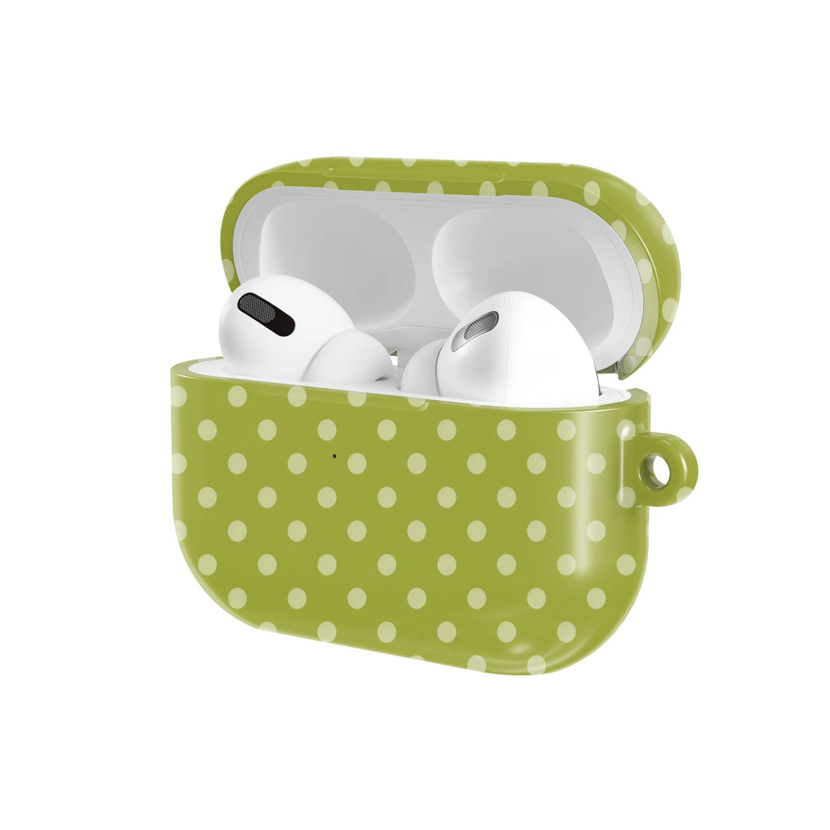 Olive Polka Dot AirPods case — hard-shell earbuds cover, open angled view