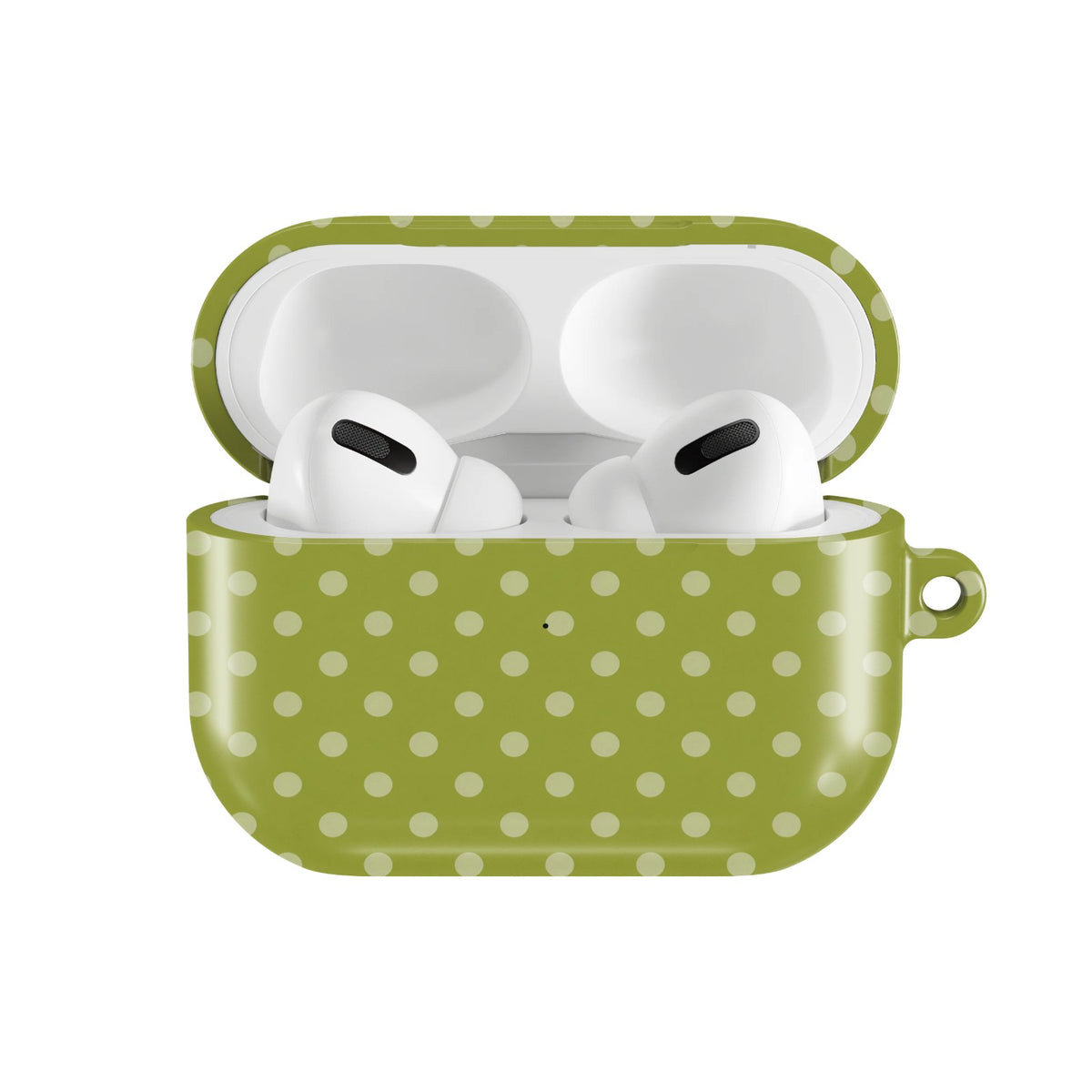 Olive Polka Dot AirPods case — hard-shell earbuds cover, open front view