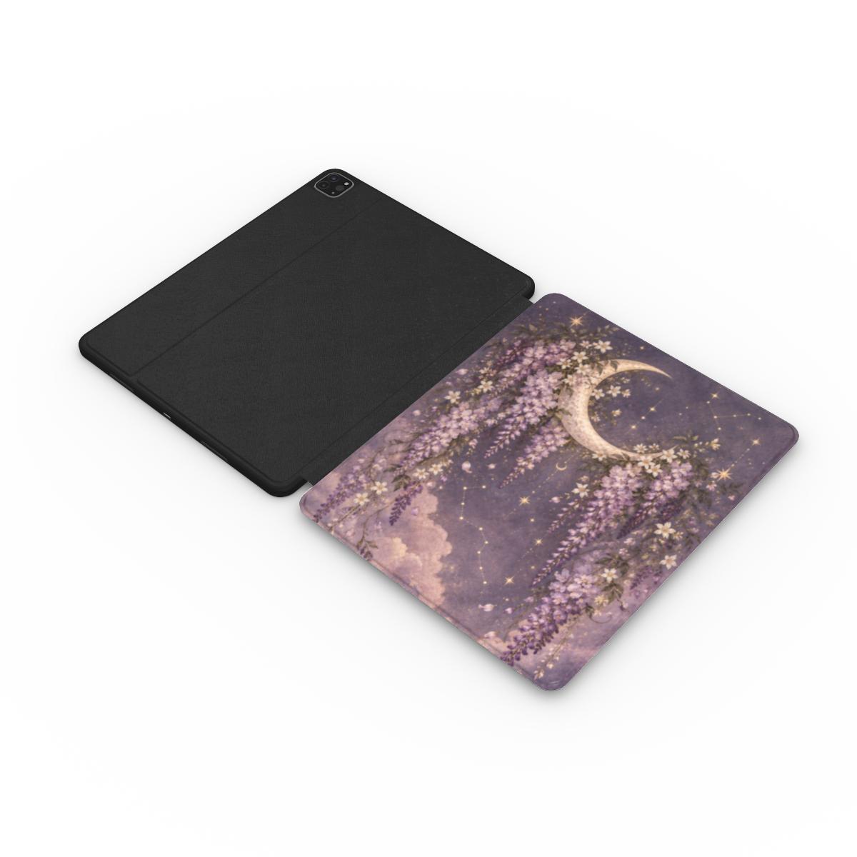 Lavender Moon Garden iPad case opened flat — printed front cover with plain black interior