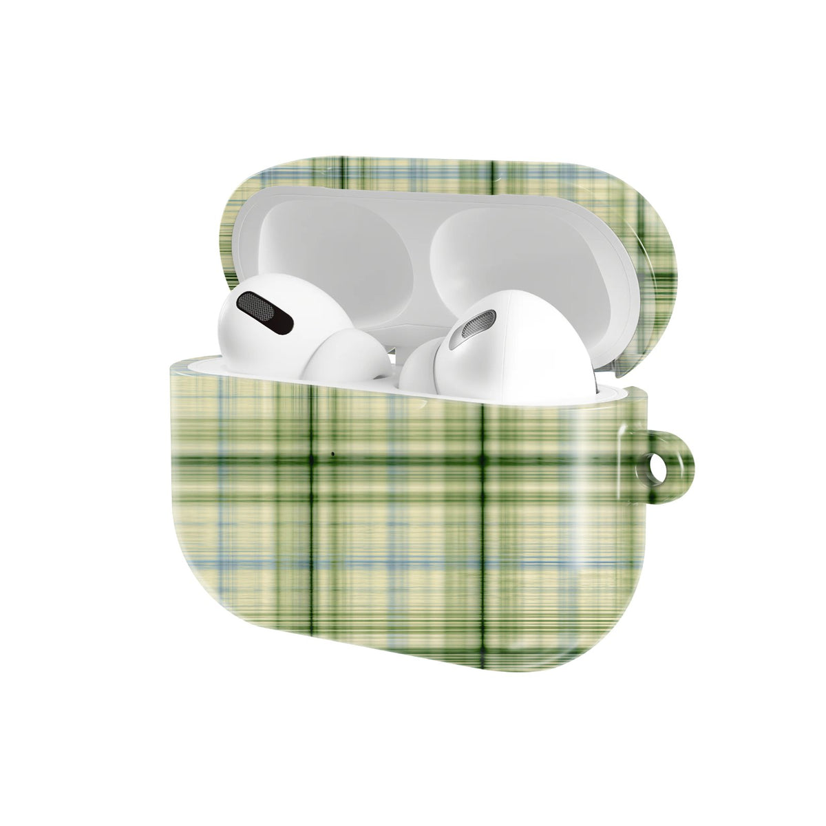 Green Tartan AirPods case — hard-shell earbuds cover, open angled view