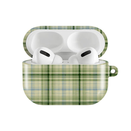 Green Tartan AirPods case — hard-shell earbuds cover, open front view