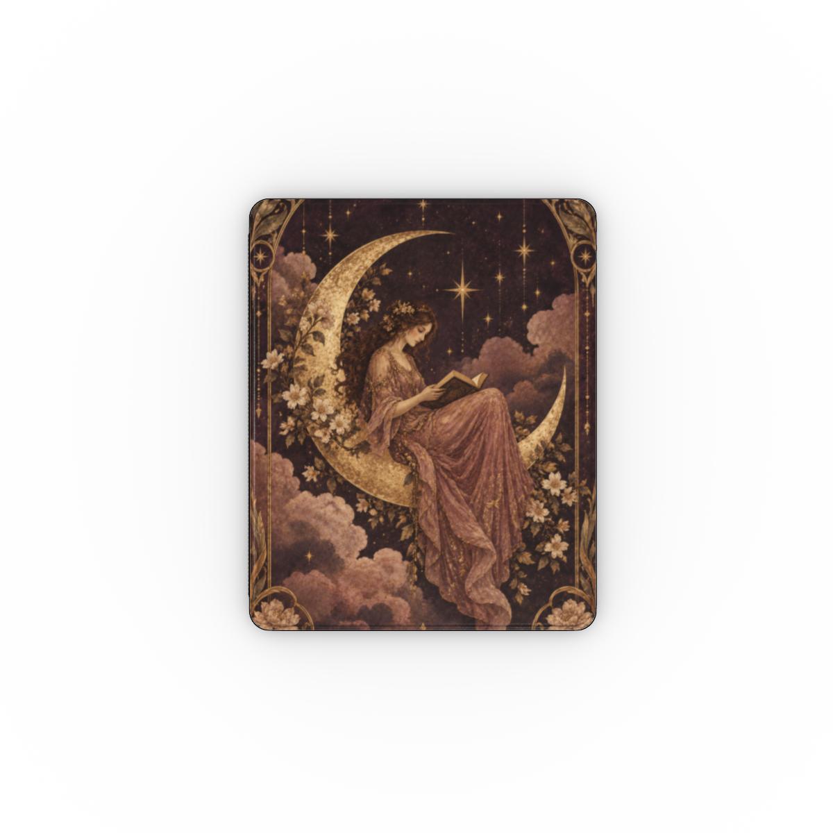 Reader Under the Stars iPad case — woman reading on a gold crescent moon in an art-nouveau frame