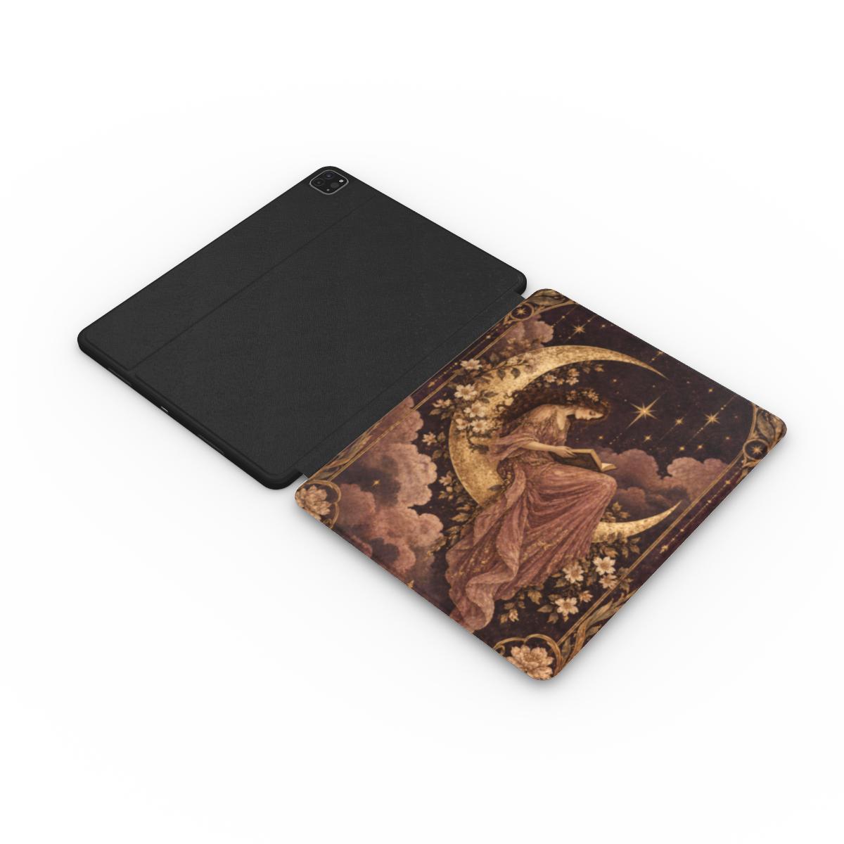 Reader Under the Stars iPad case opened flat — printed front cover with plain black interior