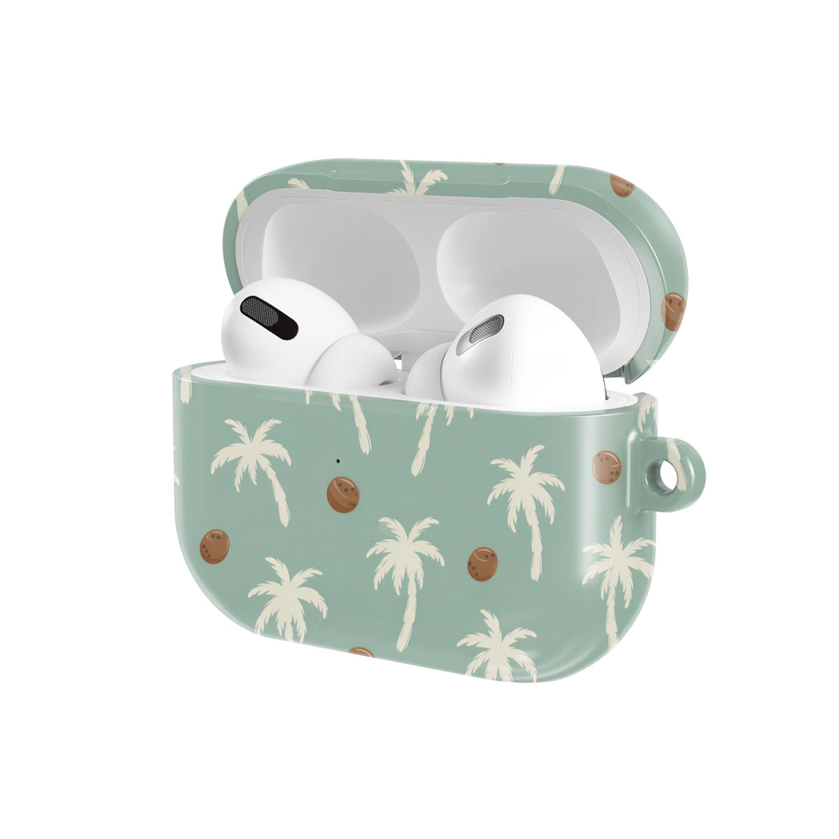 Palm Tree AirPods case — hard-shell earbuds cover, open angled view