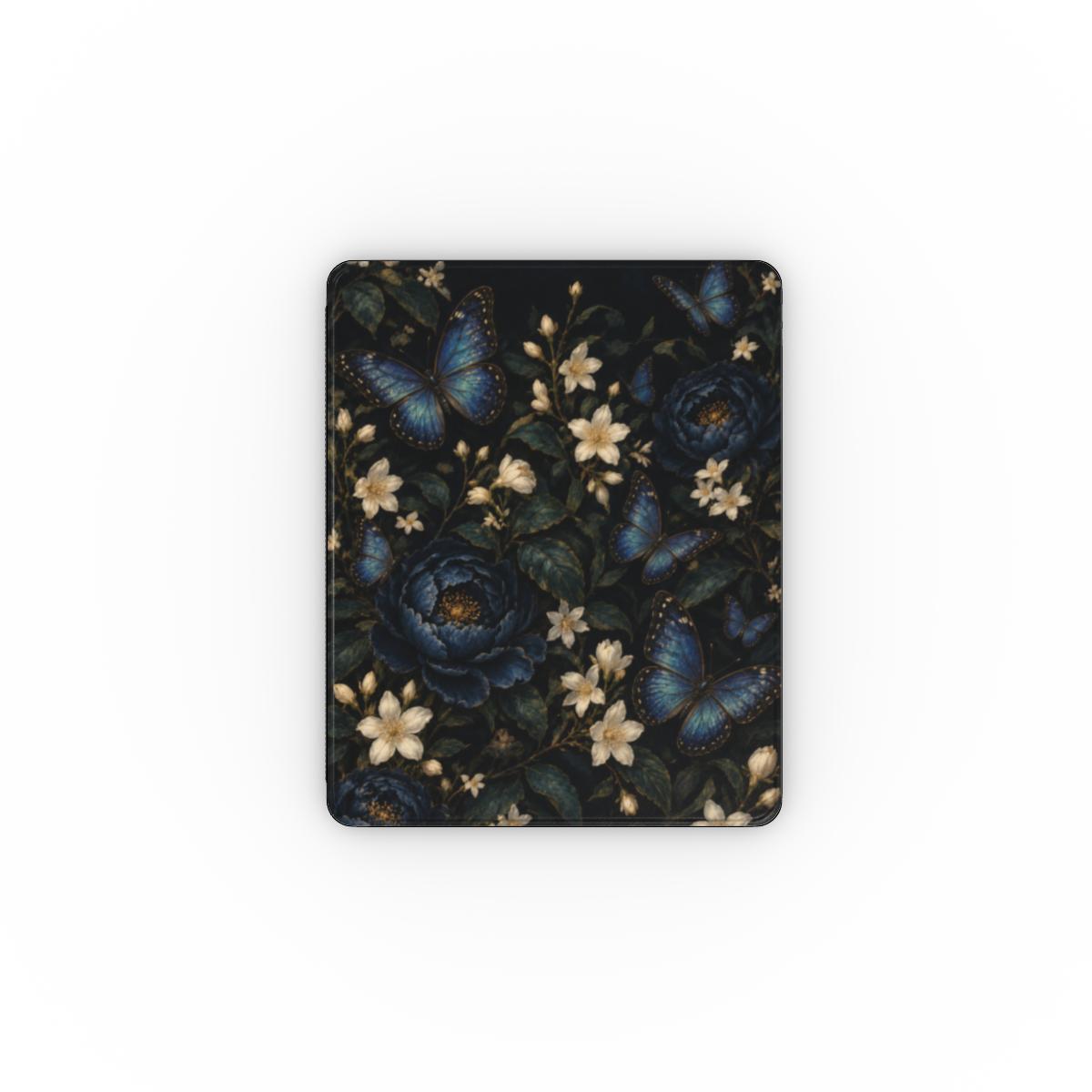 Blue Butterfly Night Garden iPad case — blue butterflies and jasmine on a dark night garden