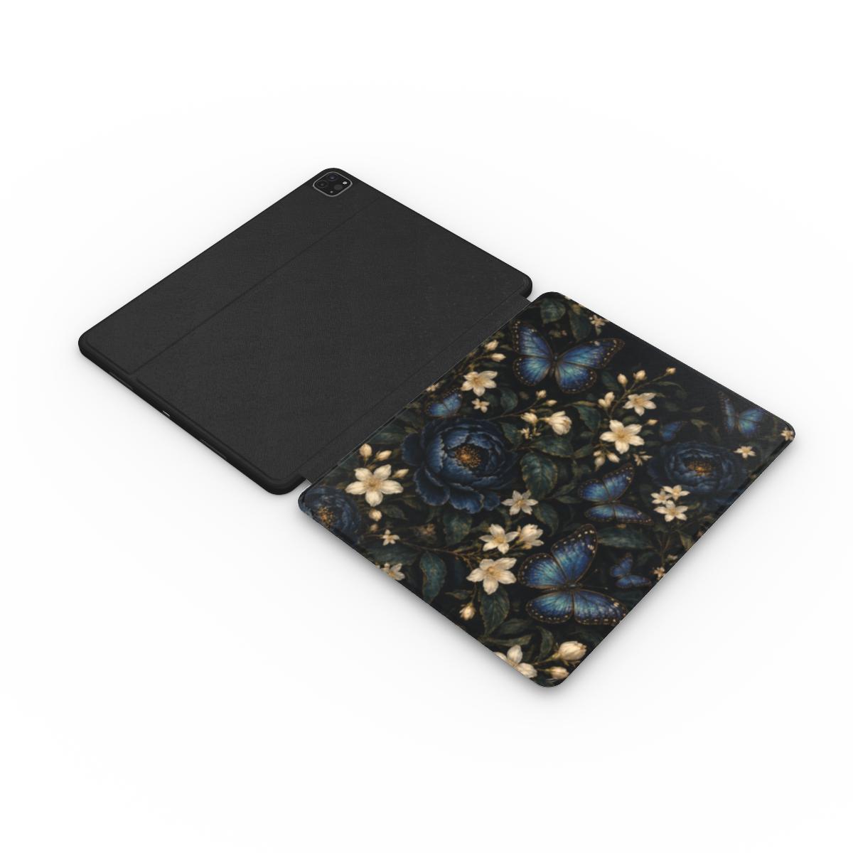 Blue Butterfly Night Garden iPad case opened flat — printed front cover with plain black interior