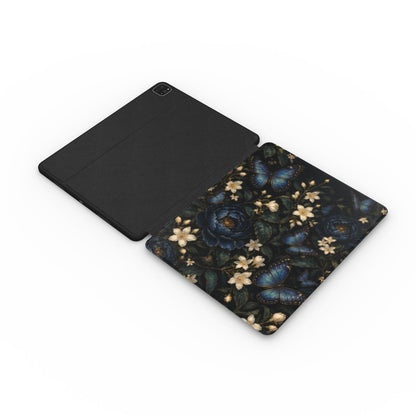 Blue Butterfly Night Garden iPad case opened flat — printed front cover with plain black interior