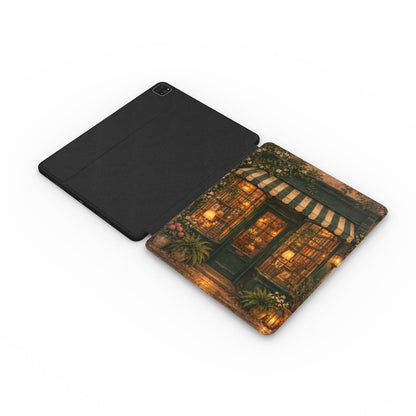 Bookshop at Dusk iPad case opened flat — printed front cover with plain black interior