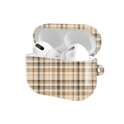 Neutral Tartan AirPods case — hard-shell earbuds cover, open angled view