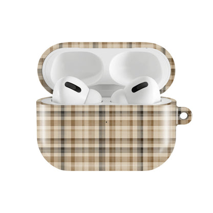 Neutral Tartan AirPods case — hard-shell earbuds cover, open front view