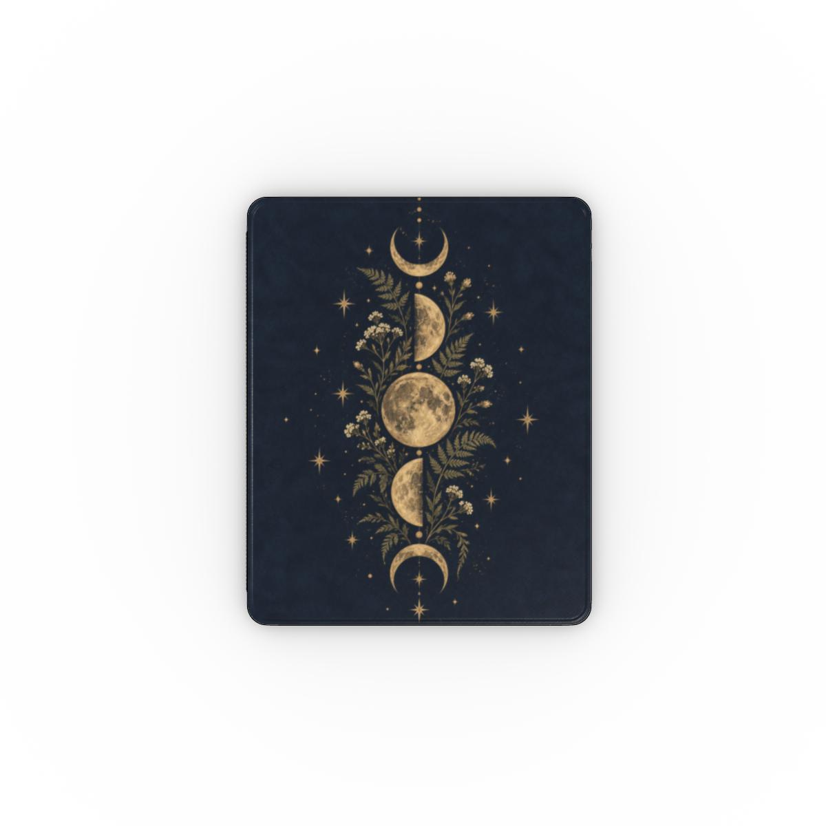 Midnight Moon Phases iPad case — gold moon phases with ferns and stars on midnight navy